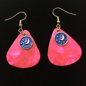 REPURPOSED Guitar Pick Earrings Celestial Moon Stars Hand Crafted